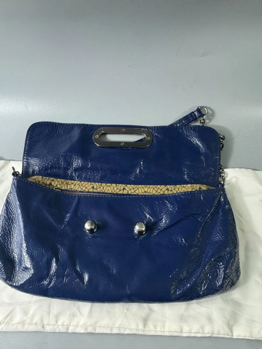 HOBO INTERNATIONAL Blue Patent Leather Envelope Hand Bag Purse Chain